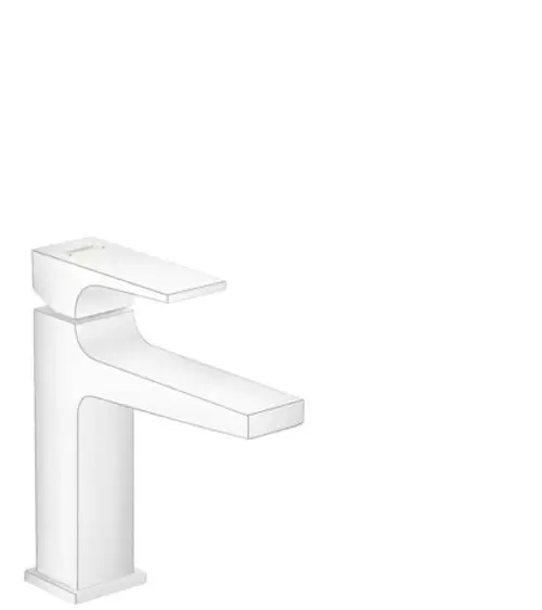 Weißer Einhebel-Waschtischmischer von Hansgrohe mit flachem Hebelgriff und integriertem Push-Open Ablauf in schlichtem Design. Ideal für moderne Bäder.